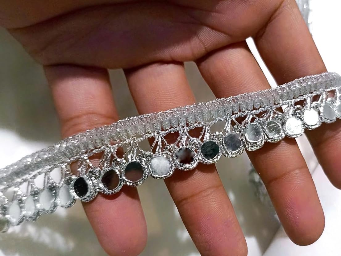 Lacesnmore Mirror lace Silver Handwork Cutwork Ribbon Dupatta Piping Edge Fabric Trim for Crafts, Saree Lehnga Glass Work Border (9meter-Silver)-image-49