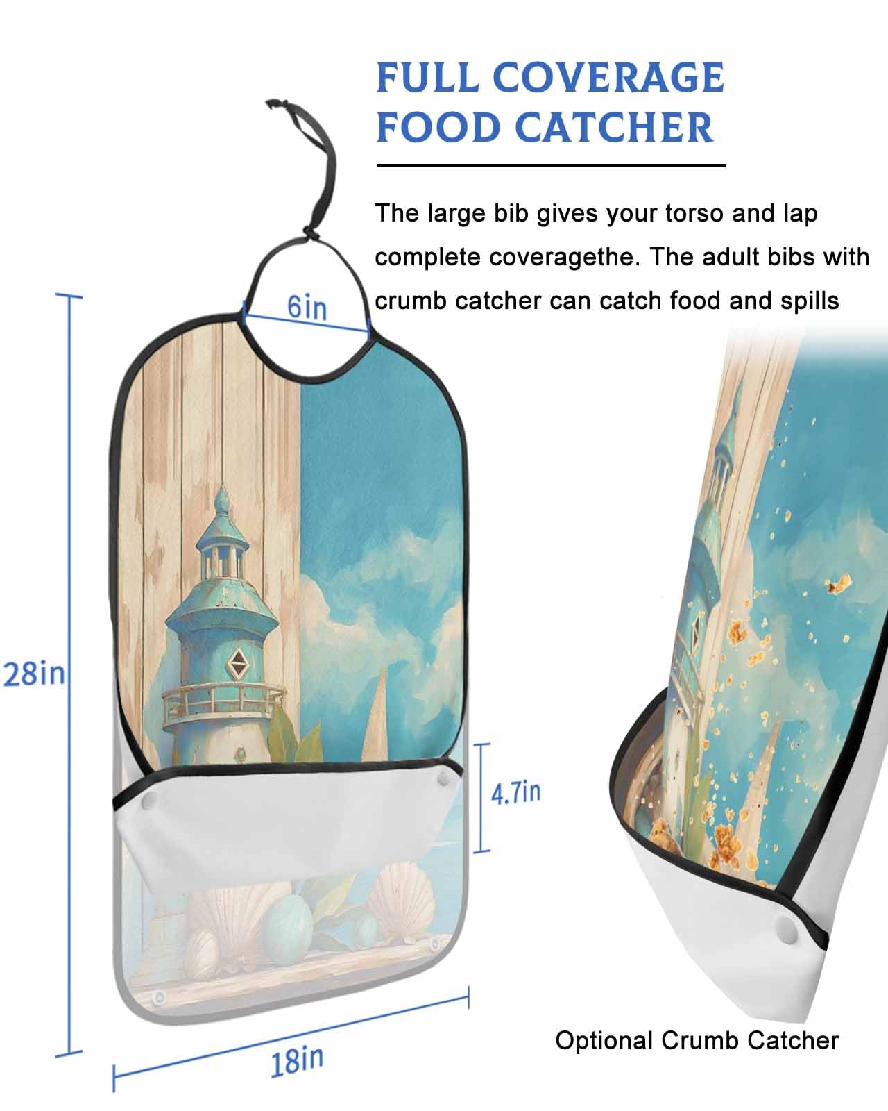 Summer Ocean Starfish Adult Bib for Adults Men,Women,Beach Light-house Shell Plants Sky Blue Washable & Adjustable Terry Cloth Bib with Crumb Catcher Reusable Clothing Clothes Protector Apron