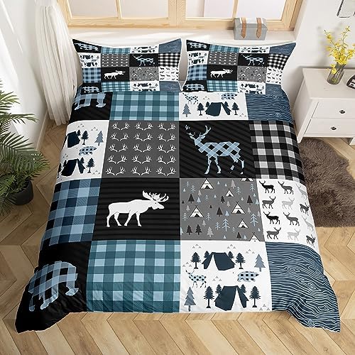 Rustic Patchwork Duvet Cover King,Retro Cabin Bedding Set for Kids Boys Teens Adult,Woodland Bear Deer Hunting Comforter Cover Moose Wild Animal Bed Set Camping Tent Blue Lattice Farmhouse Decor