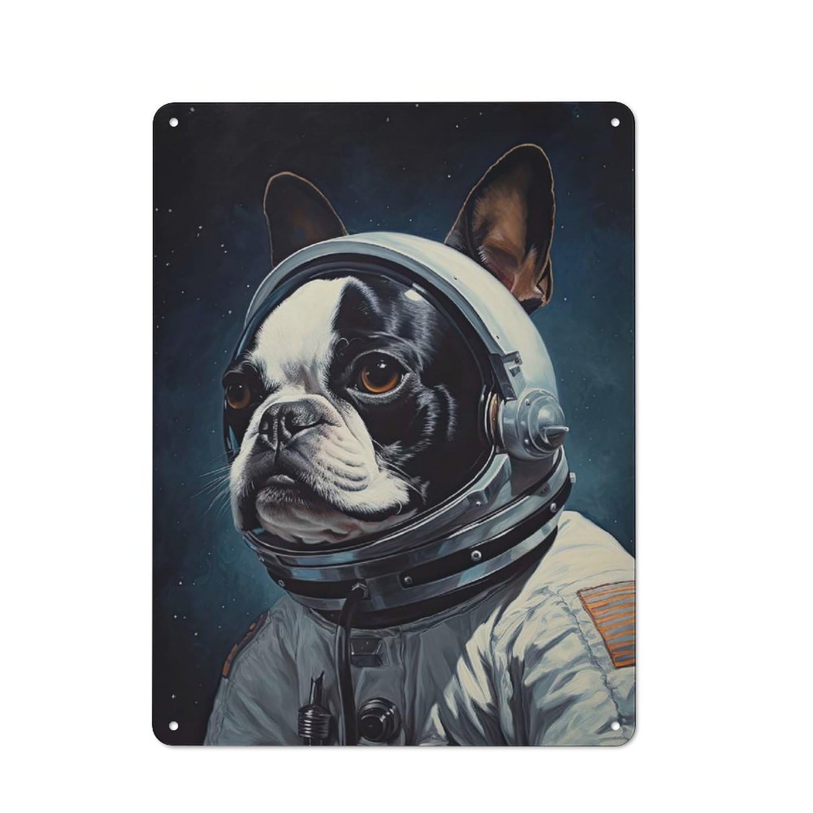 Retro Boston Terrier Astronaut Vintage Metal Sign 40x30cm, Small Space Decor for Hallway, Home Bar, Garage Or Study