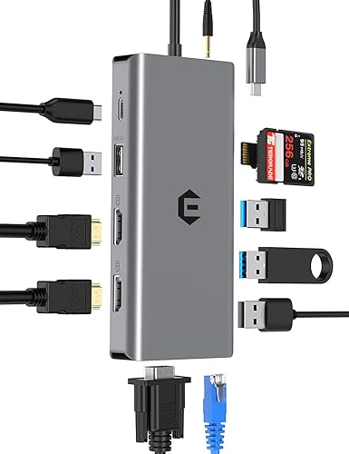 Miniatura 1 de oditton Estación de acoplamiento USB C 12 en 1, concentrador USB C, 2 salidas HDMI 4K, puerto VGA, 3 puertos USB A, lector de tarjetas SDTF, 100 W