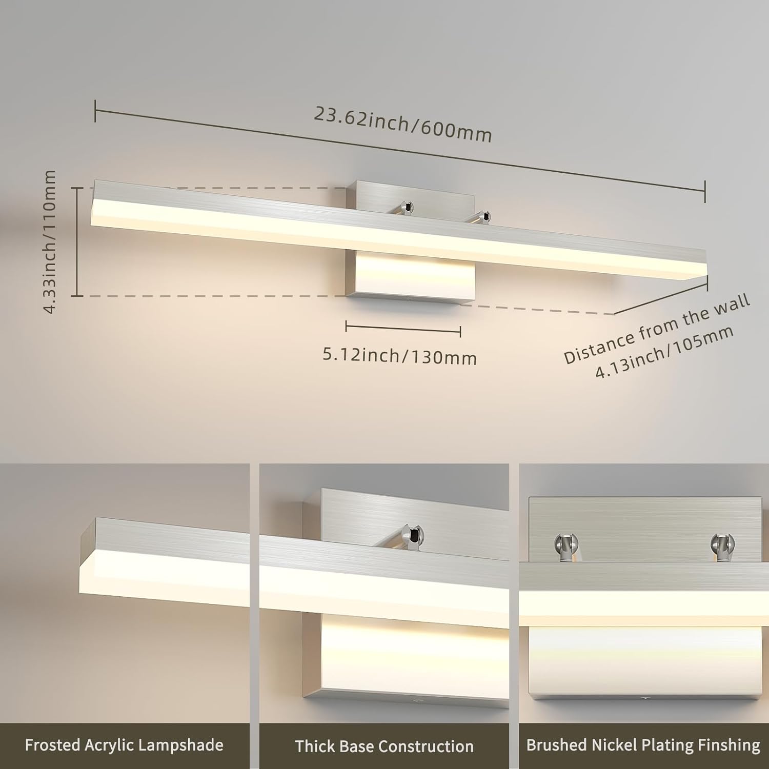 Brushed Nickel Vanity Light for Bathroom - 5CCT Dimmable, Adjustable Angle, 23.62-inch Long 16W LED Bar Light Fixture Over Mirror - Modern Wall Lighting