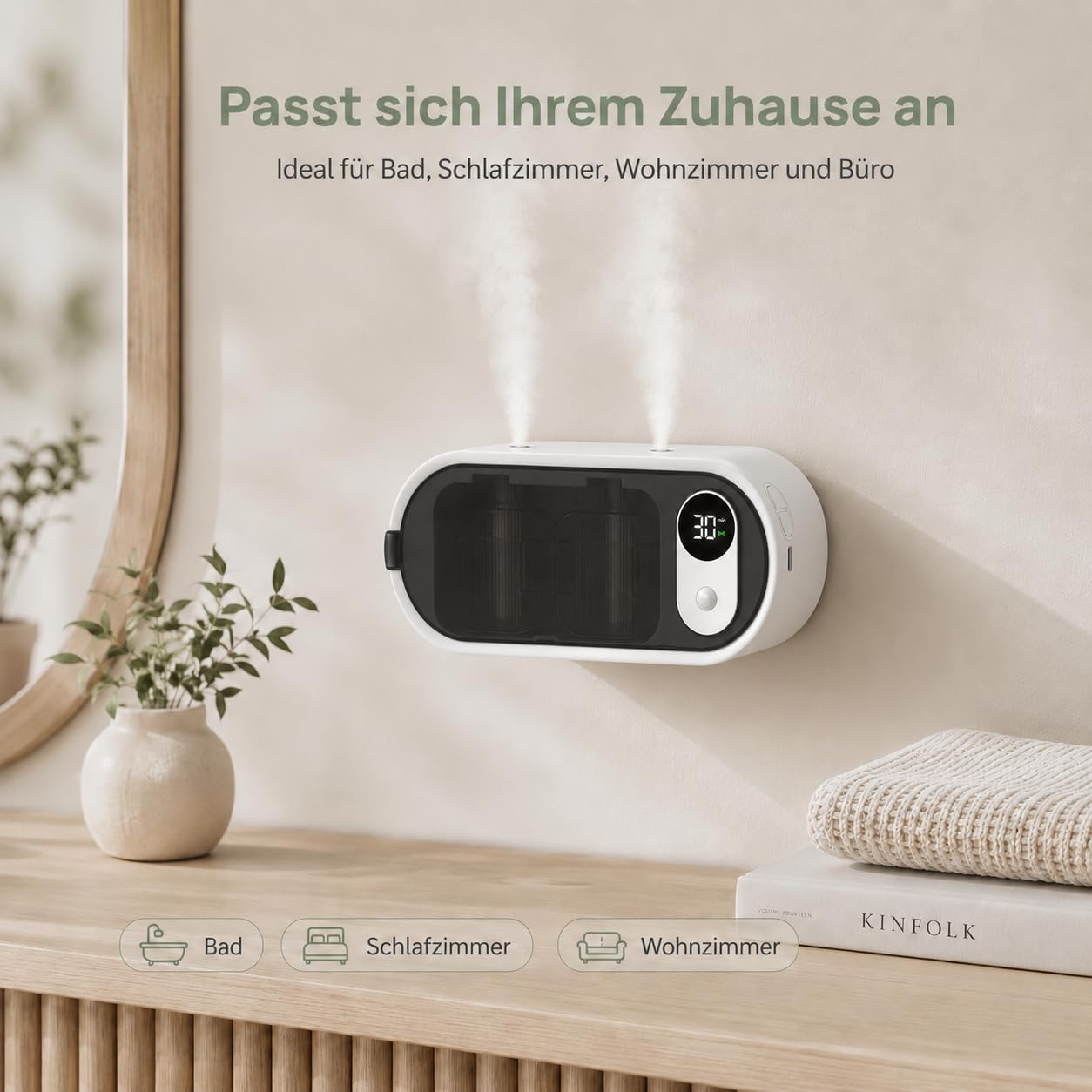 Aroma Diffuser kabellos mit Doppel-Zerstäubung Bewegungssensor & Timer, Tisch-und Wandmontage, Ohne Wasserbehälter, Raumduft Lufterfrischer Diffuser mit 100ml Duft für Bad Schlafzimmer Wohnzimmer Flur