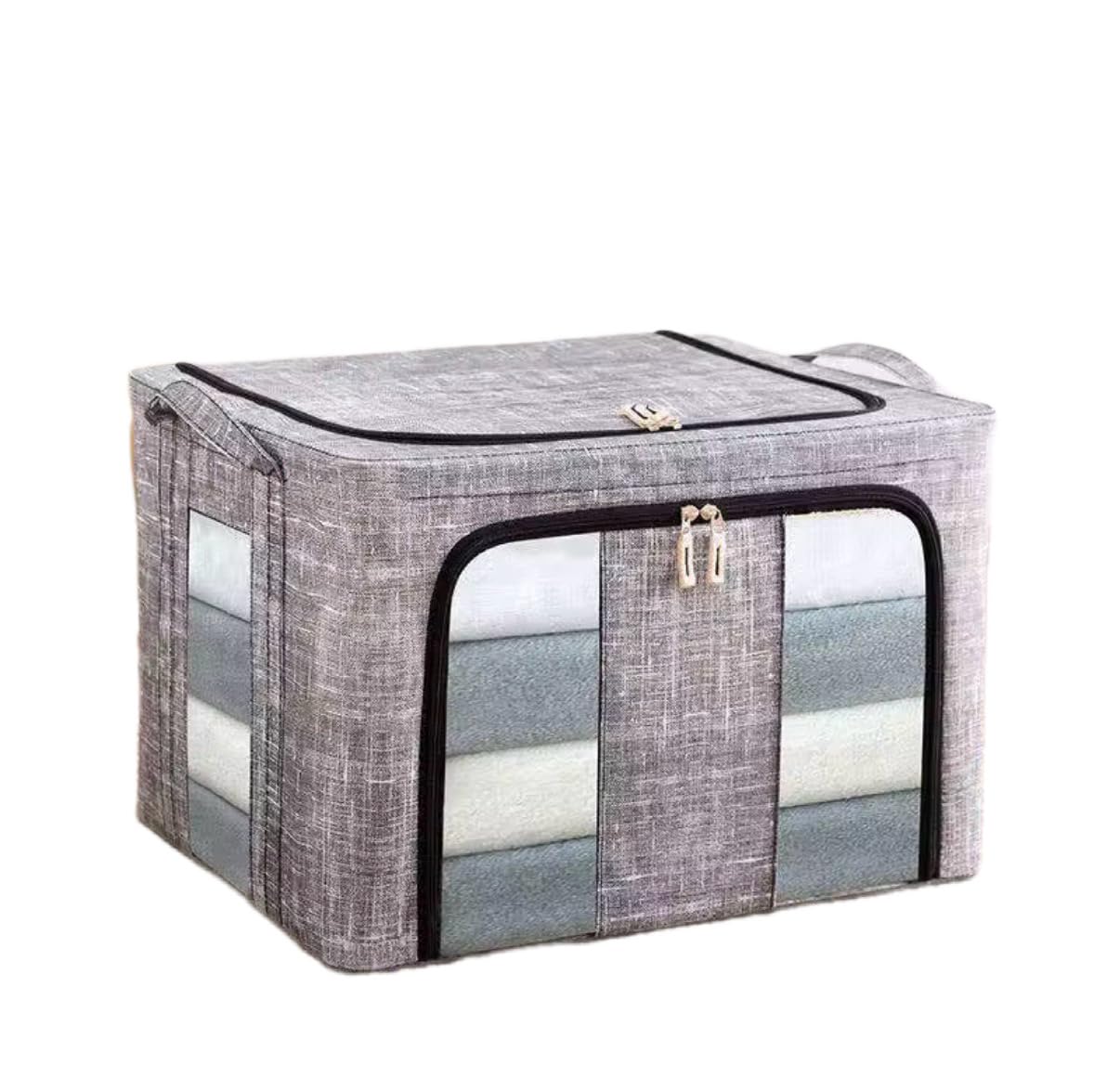 Collapsible Fabric Storage Box, 66L, Steel Frame, with Zipper Opening and 3 Clear Windows for Bedding and Blankets 1pc