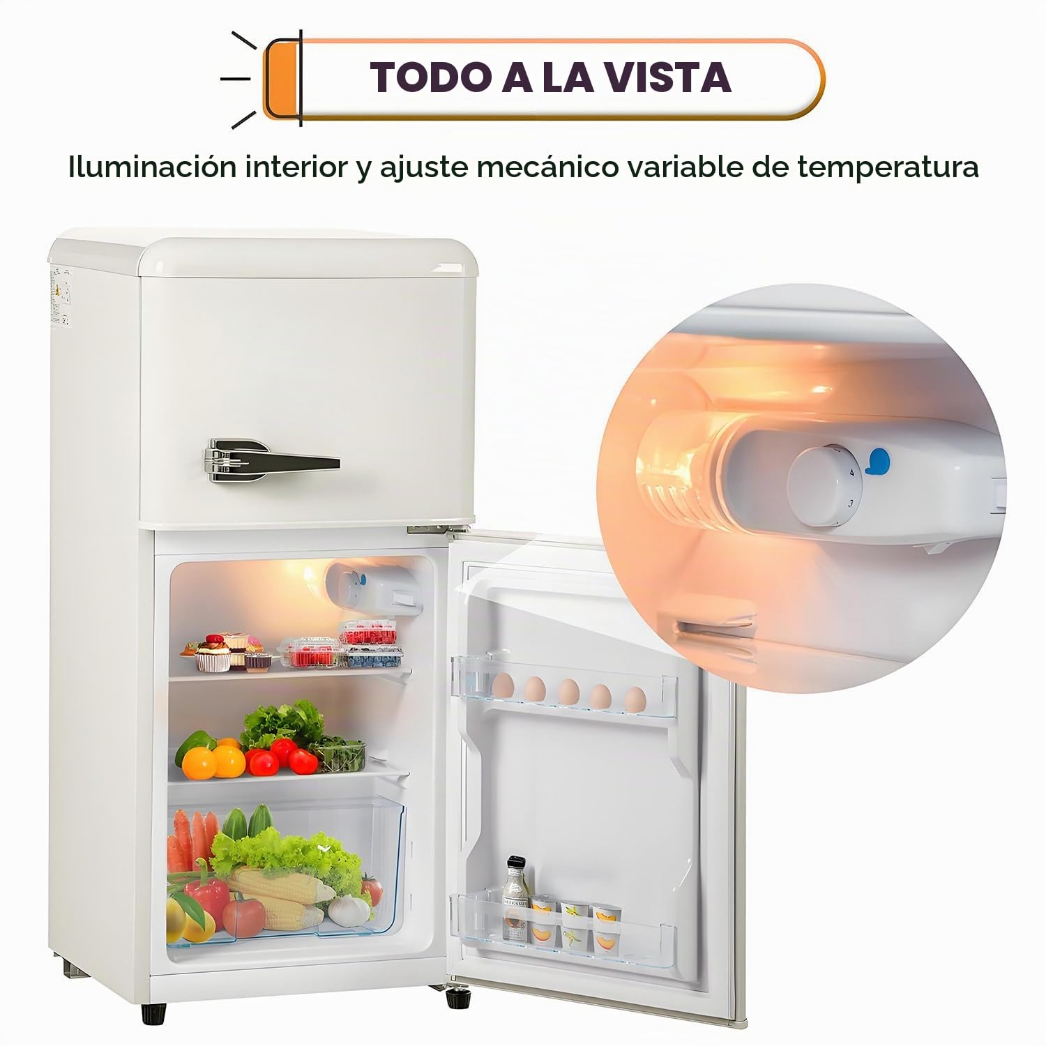 Frigorífico retro. Combinación de congelador de dos puertas con 60 litros de capacidad total y 22 litros de capacidad en el congelador. 102 kWh/año, -27 °C ∽ 13 °C, luz LED,White