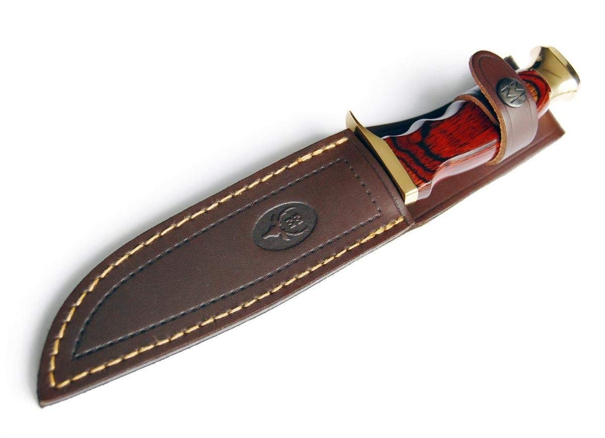 Muela Cuchillo RANGER-14R hoja de acero ACX-380 de 14 cm y empuñadura madedera de coral para Caza, Pesca, Supervivencia y Bushcraft Realizado en Ciudad Real + Portabotellas de regalo