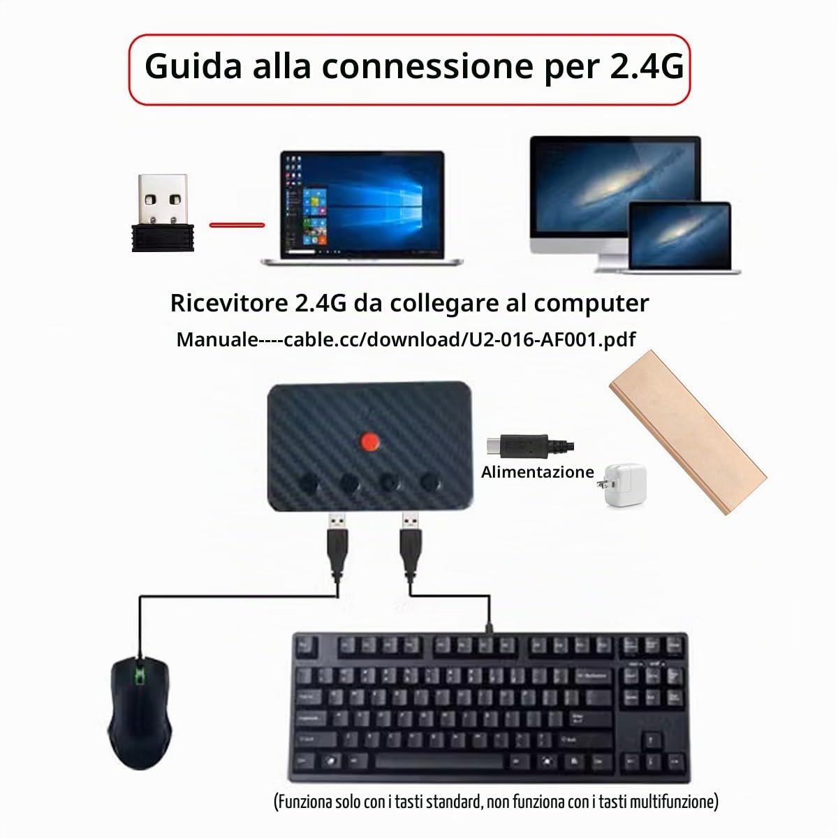 CY Tastiera e mouse cablati USB convertiti in convertitore Bluetooth (BT) wireless 2.4G con ricevitore di tipo C per laptop, tablet, telefono