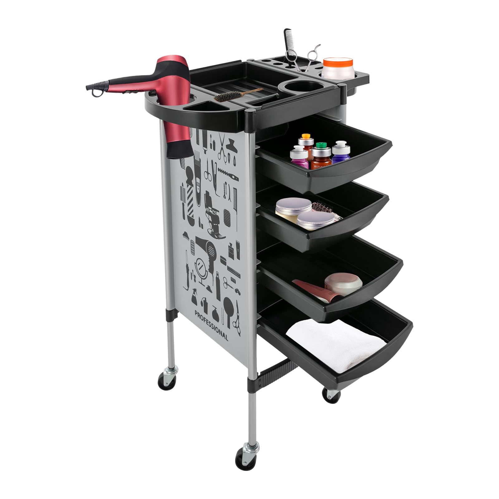 Falyrex 5 Drawer Salon Rolling Cart Hairdressing Trolley, Storage Drawers