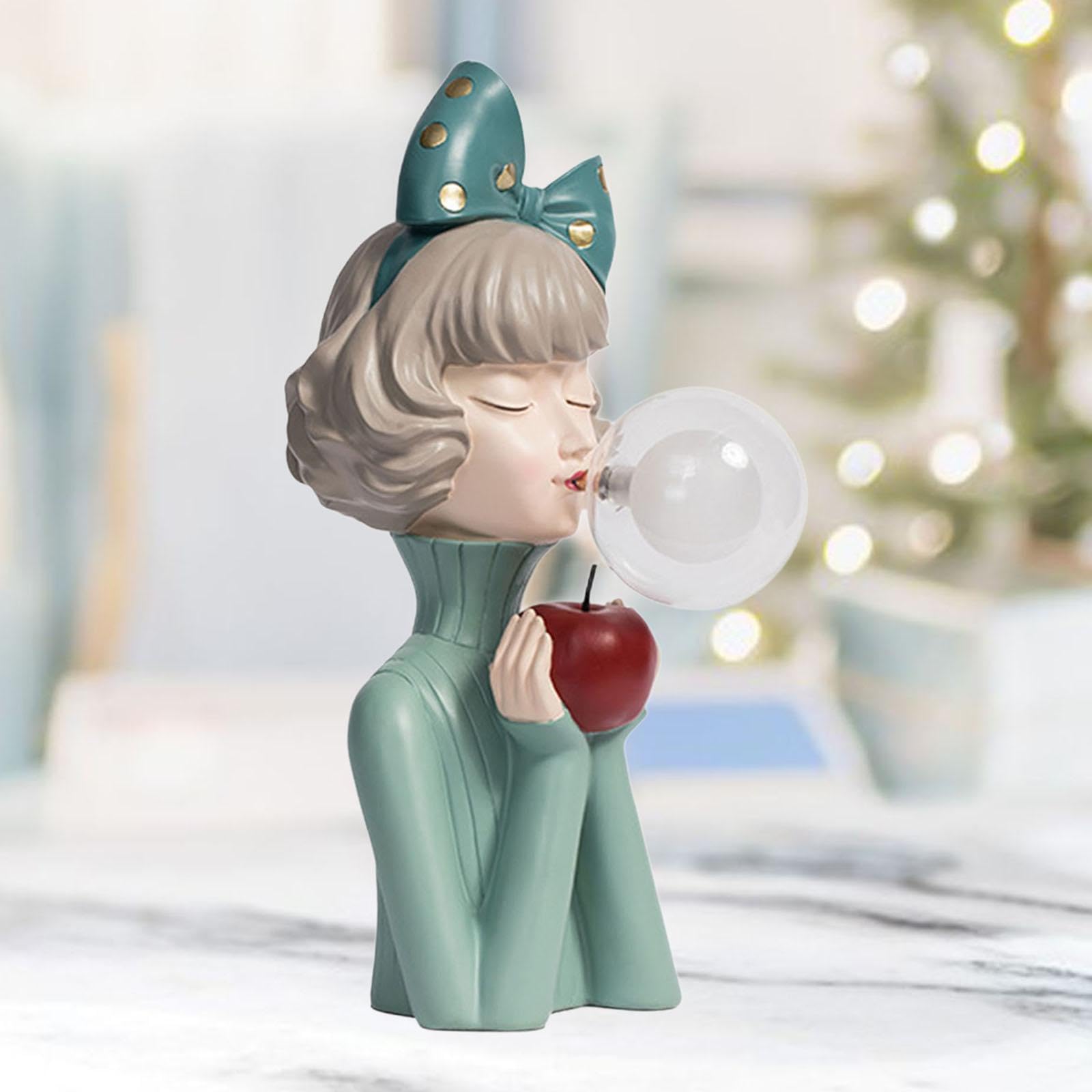 Elegante Lampada da Tavolo in Resina, Luce Notturna Creativa, graziosa Statuetta di Ragazza, Regalo di inaugurazione, Illuminazione per Compleanno, Fiocco Verde, 14x24x36.5 cm