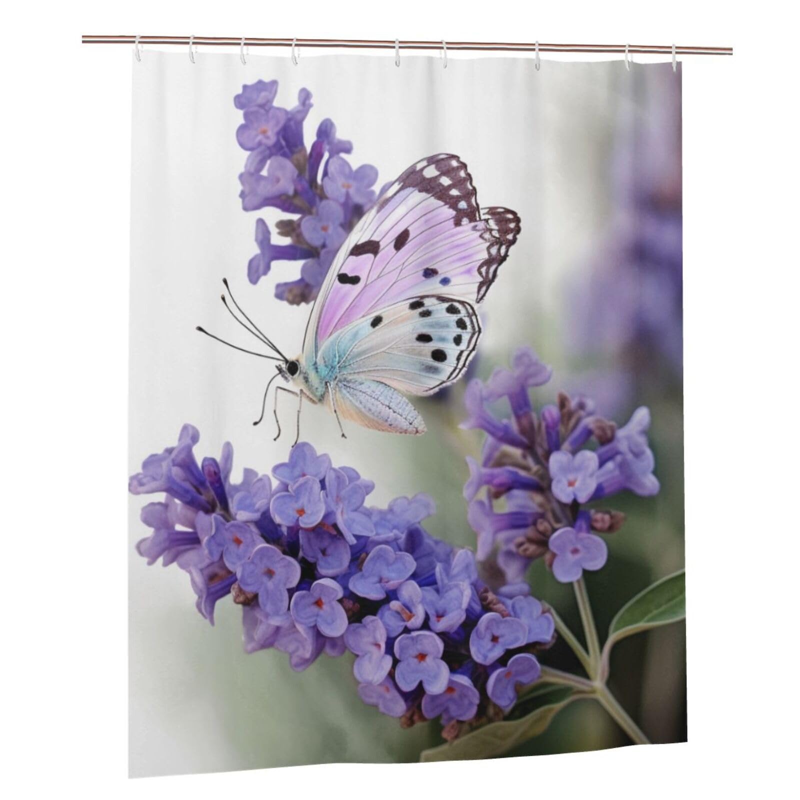 BWWHCCTI Lavender Butterfly Printed Shower Curtain With 12 Plastic Hooks Opaque Quick Drying Waterproof Shower Curtains Sets For Bathroom 152x183 Cm