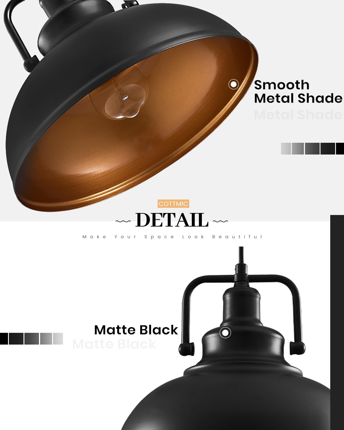 Black Pendant Lights Farmhouse Pendant Light Fixture 11.5in 2 Pack, Adjustable Height, Vintage Pendant Lights for Kitchen Island, Dining Room Barn, Bar, Living Room