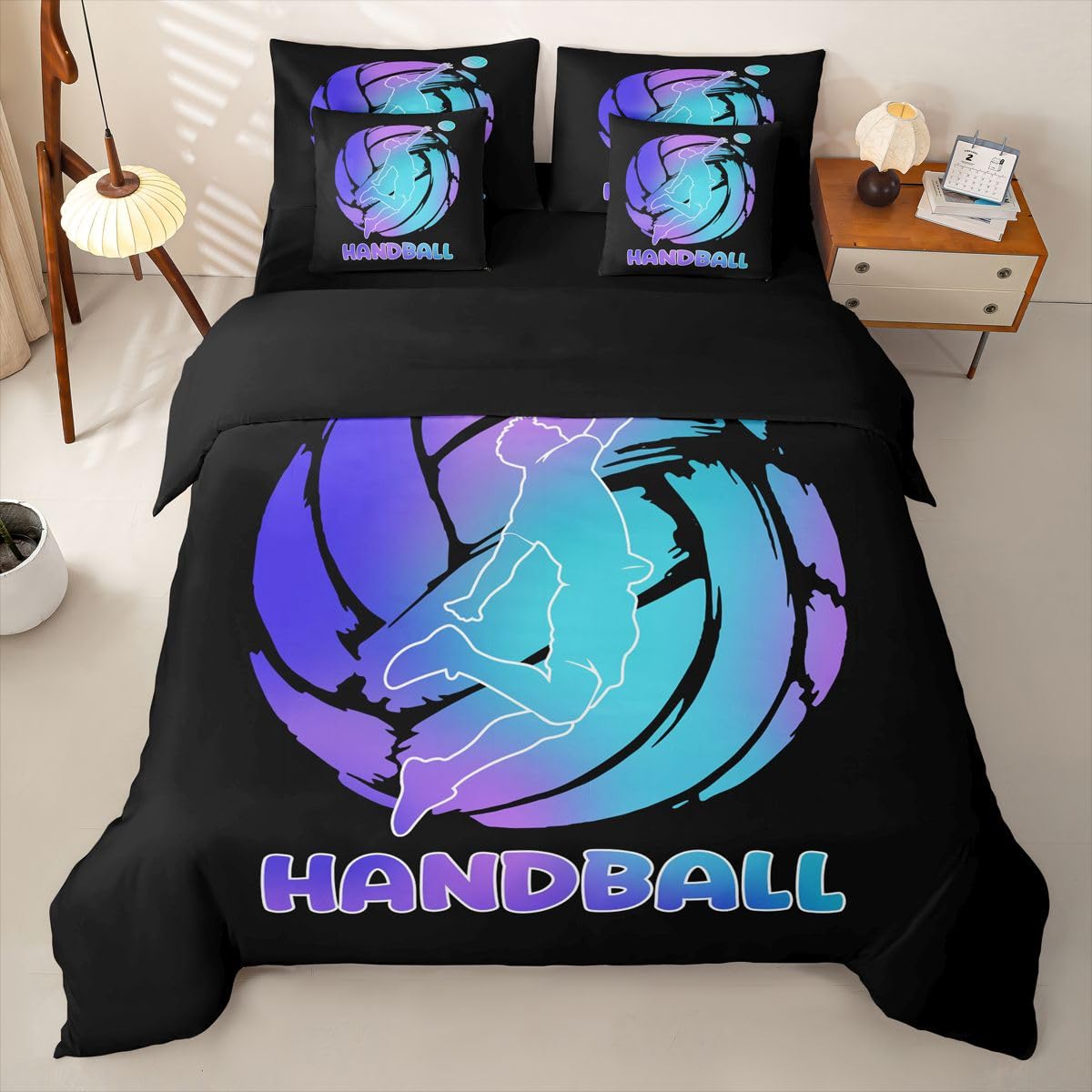 Homemissing Juego de funda de edredón de voleibol azul y morado, tamaño doble, 7 piezas, 1 funda de edredón, 1 sábana encimera, 1 sábana bajera, 2 fundas de cojín, 2 fundas de almohada, ropa de cama