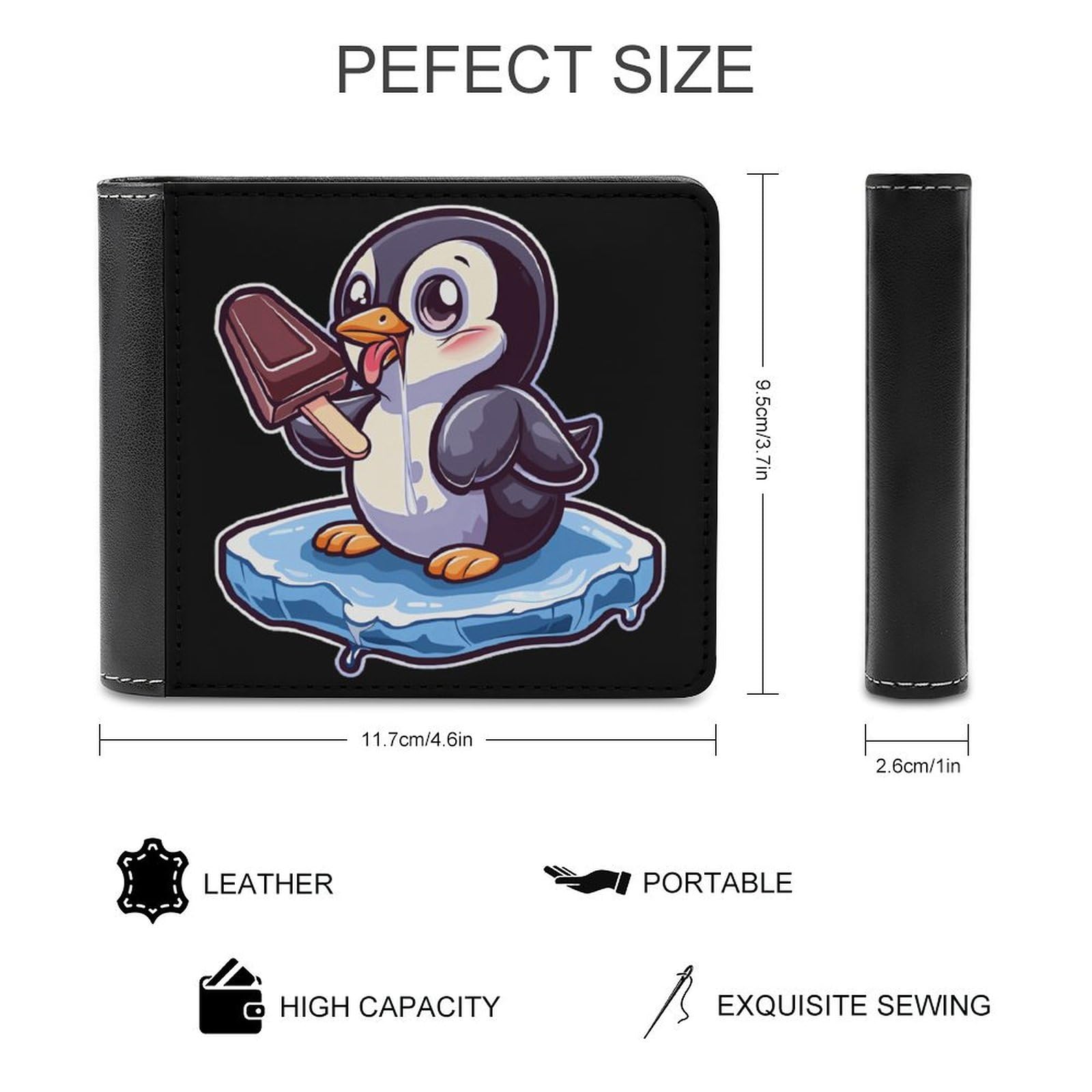 Penguin Love Ice-Cream Funny Billfold Wallet Credit Card Holder Slim Passcase Pouch Purse for Men Women