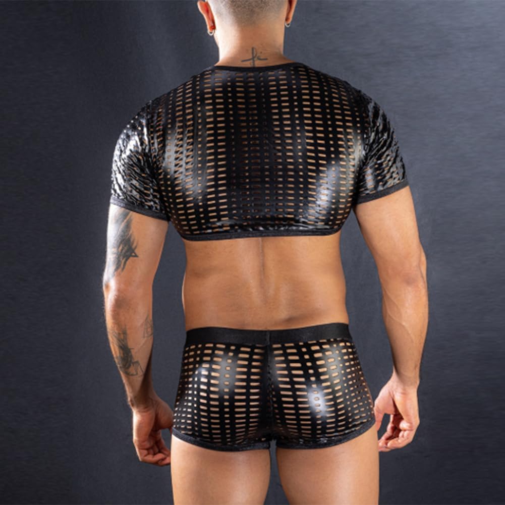 HSQSMWJ Sexy Boxer Shorts See Through Two Pieces Leather Lingerie Set for Men