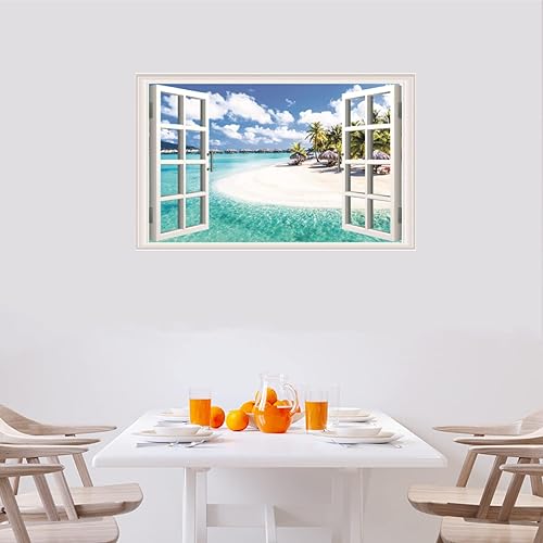 Miniatura 5 de Calcomanías de pared de paisaje marino de playa, paisaje natural 3D, póster de ventana de imitación de palmera de playa tropical, calcomanías de