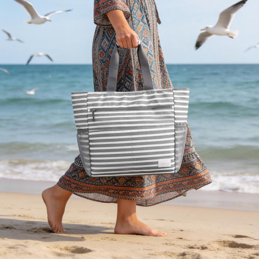 Gohytal Duża damska torba plażowa XXL z zamkiem błyskawicznym, składana torba kąpielowa, XXL, lekka torba plażowa, torba na basen, piknik, dojazdy do pracy, na zakupy, w podróż