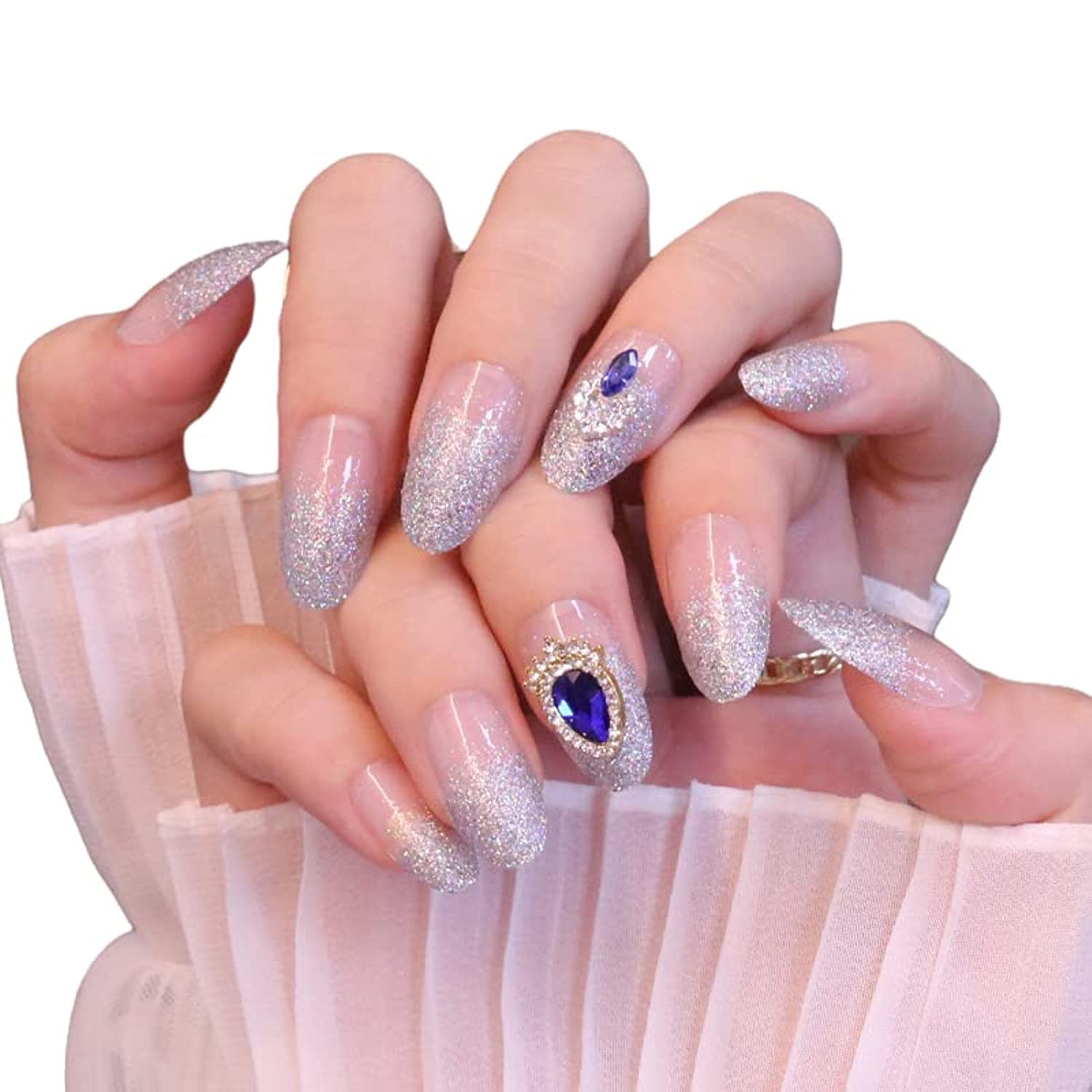 Monína Silver Glitter False Nails Press on Manicure, Monina Artificial Stick on Nails, 24PCS Medium Length Fake Nails Jelly Glue Included, Elegant Acrylic Full Cover Nails Tips(The snow queen)