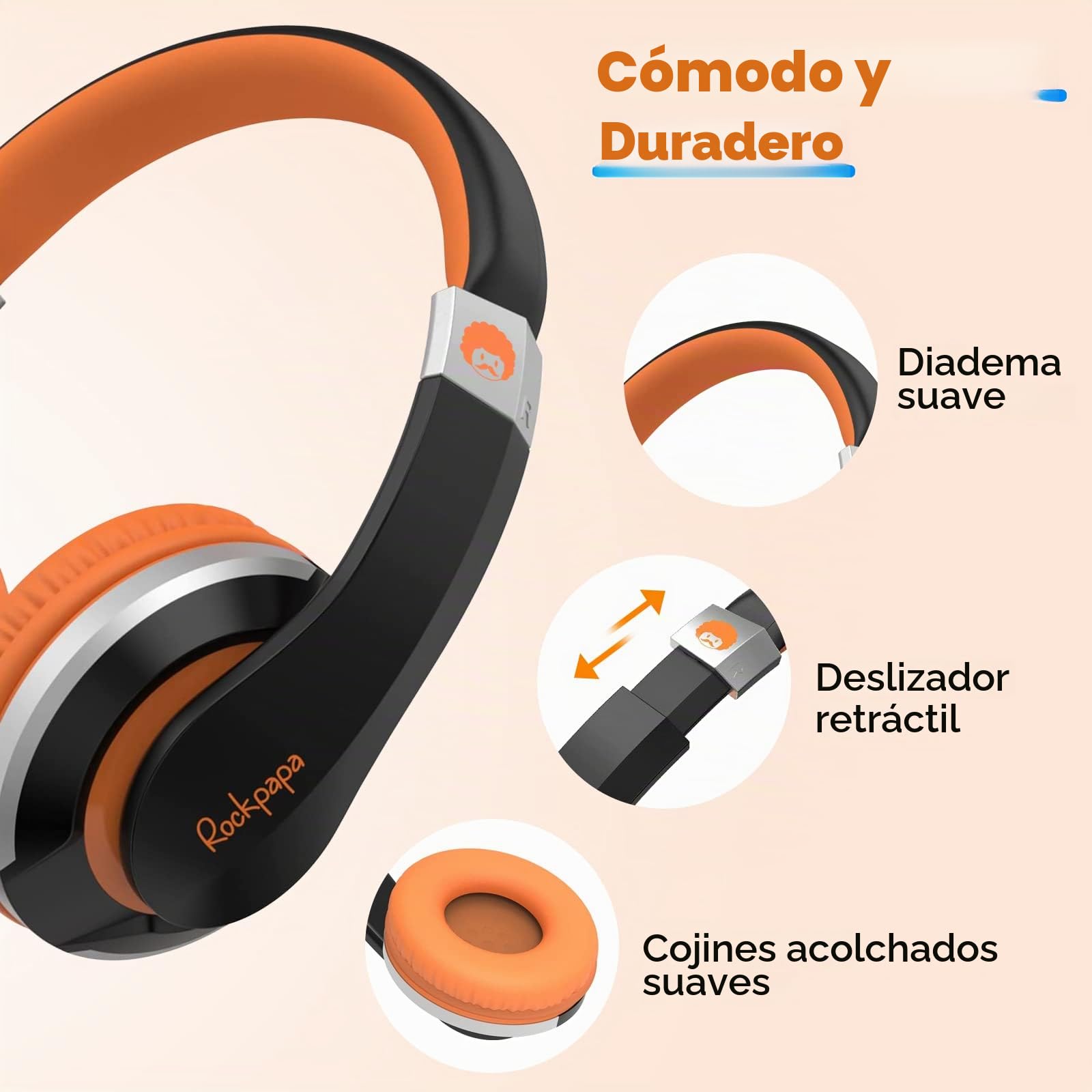 Rockpapa Auriculares con Cable I20, Auriculares estéreo con Cable con micrófono para niños y Adultos, Diadema Ajustable, Auriculares Plegables para Viajes, PC, Mac, Laptop, teléfono (Negro y Naranja)