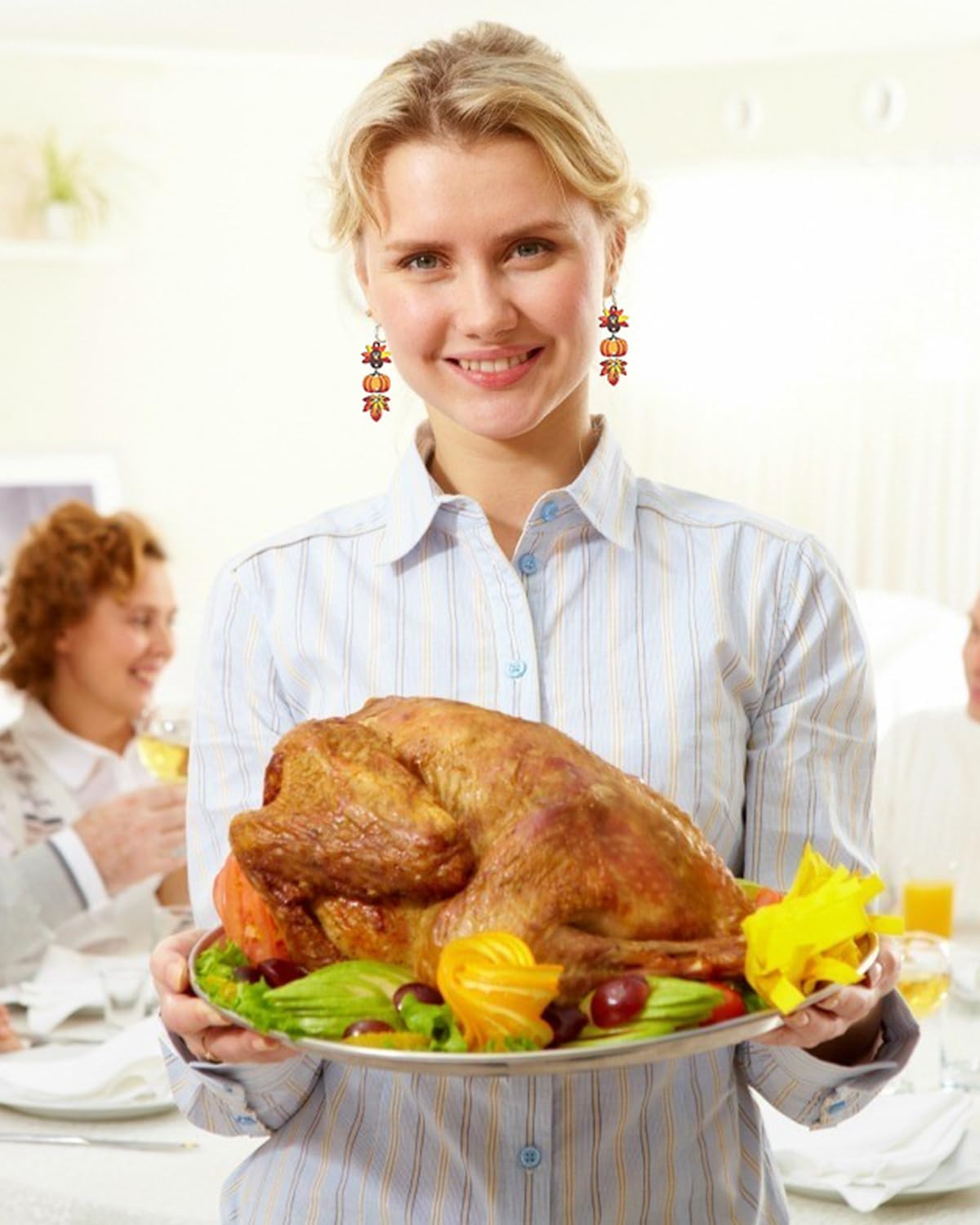 Thanksgiving Earrings for Women Dangling Wooden Turkey Pumpkin Maple Leaf Earrings Fall Autumn Dangle Ear-rings Thanksgiving Day Jewelry Gifts for Her - Image 3