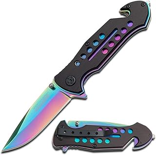 Tac-Force- Folding Pocket Knife – Rainbow TiNite Coated Drop Point Blade and Liner, Black Aluminum Handle w/Rope Cutter, Glass Punch, and Pocket Clip, Tactical, EDC, Rescue - TF-509