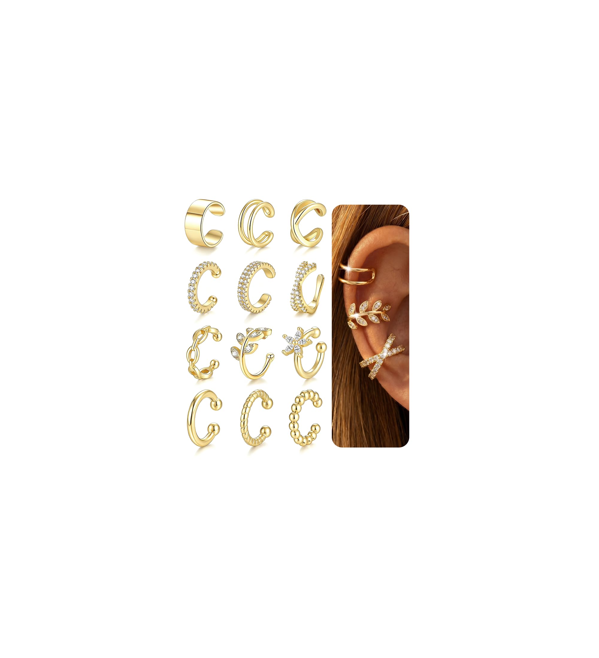 YEEZII 12Pcs 14K Gold Plated Ear Cuff for Women, Non-Piercing Clip On Cartilage