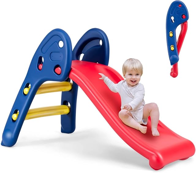 GYMAX Kids Folding Slide, Freestanding Plastic Toy with Climb Steps, Children Toddler First Slide for Indoor Outdoor (Slide)