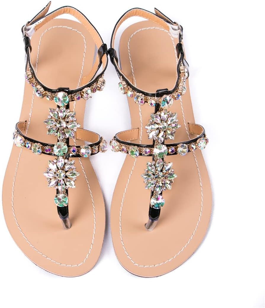 Suwequest Summer Women Casual T-Strap Sandals Flat Beach Rhinestone Shoes Shining Flip Flop Slipper