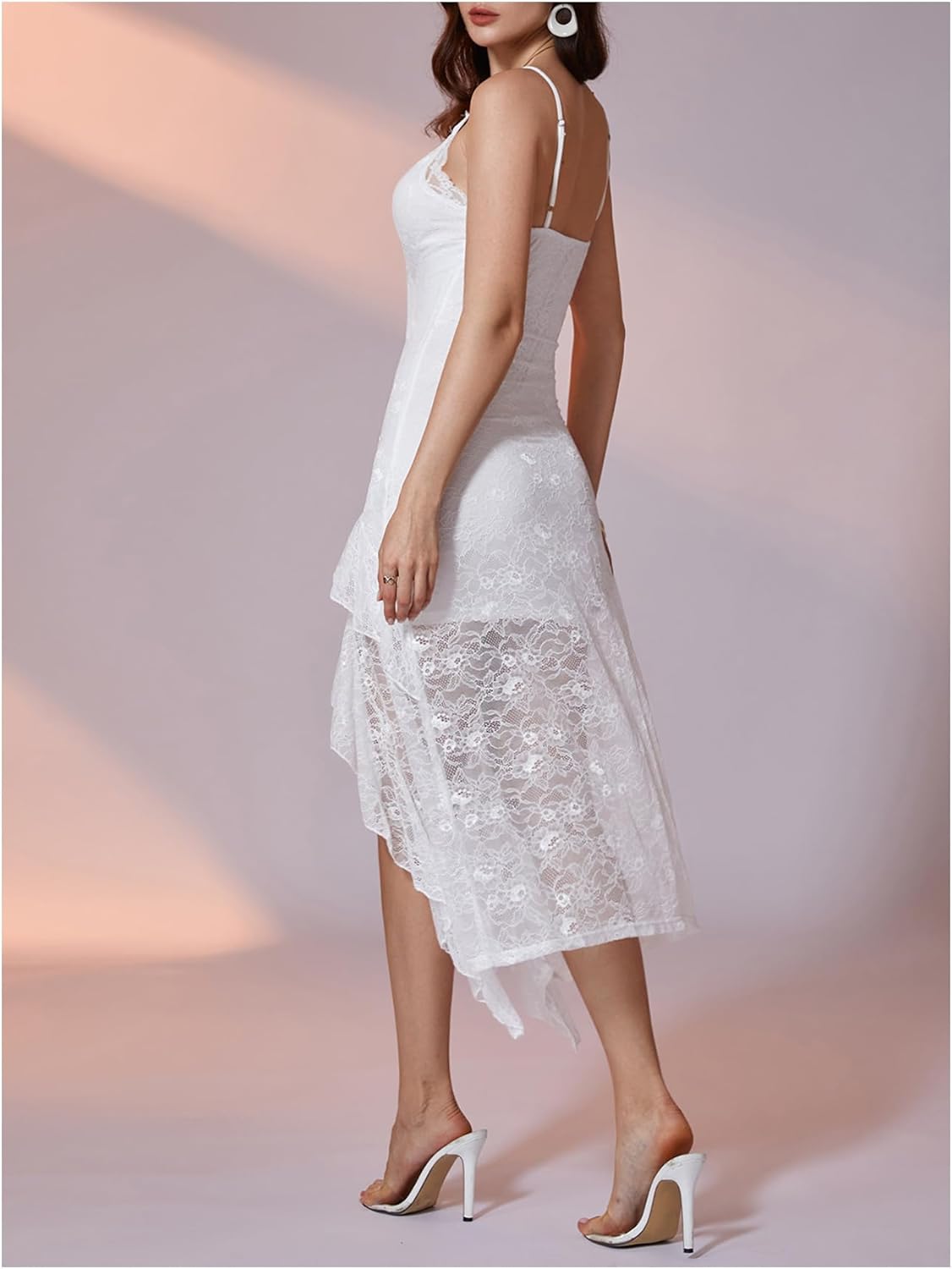 GORGLITTER Women's Lace Ruffle Dress Layered Boho Wedding Spaghetti Strap Asymmetrical Birthday Party Midi Dresses - Image 3