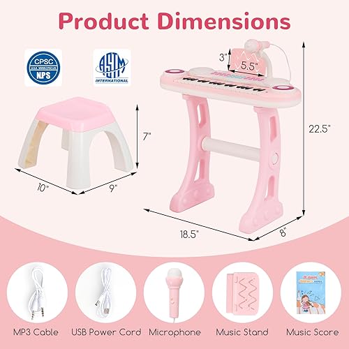 Miniatura 6 de Costzon Piano de teclado de juguete para niños de 37 teclas con patas desmontables, banco, partitura de música, luz flash, canciones MP3 integradas,