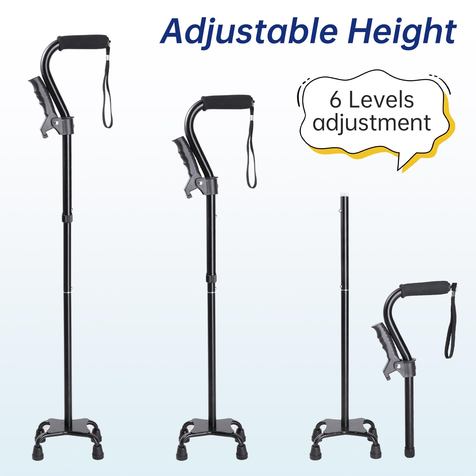 Quad Walking Cane Adjustable Men & Women, Foldable Walking Stick for Seniors, Lightweight & Sturdy with 4-Pronged Base for Extra Stability, Crutche with Foam Padded
