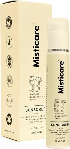 Misticare Sunscreen SPF 50 PA++++ with Vitamin B5, Vitamin E &amp; Almond Oil | No White Cast | Advanced Broad Spectrum Sun Pr...