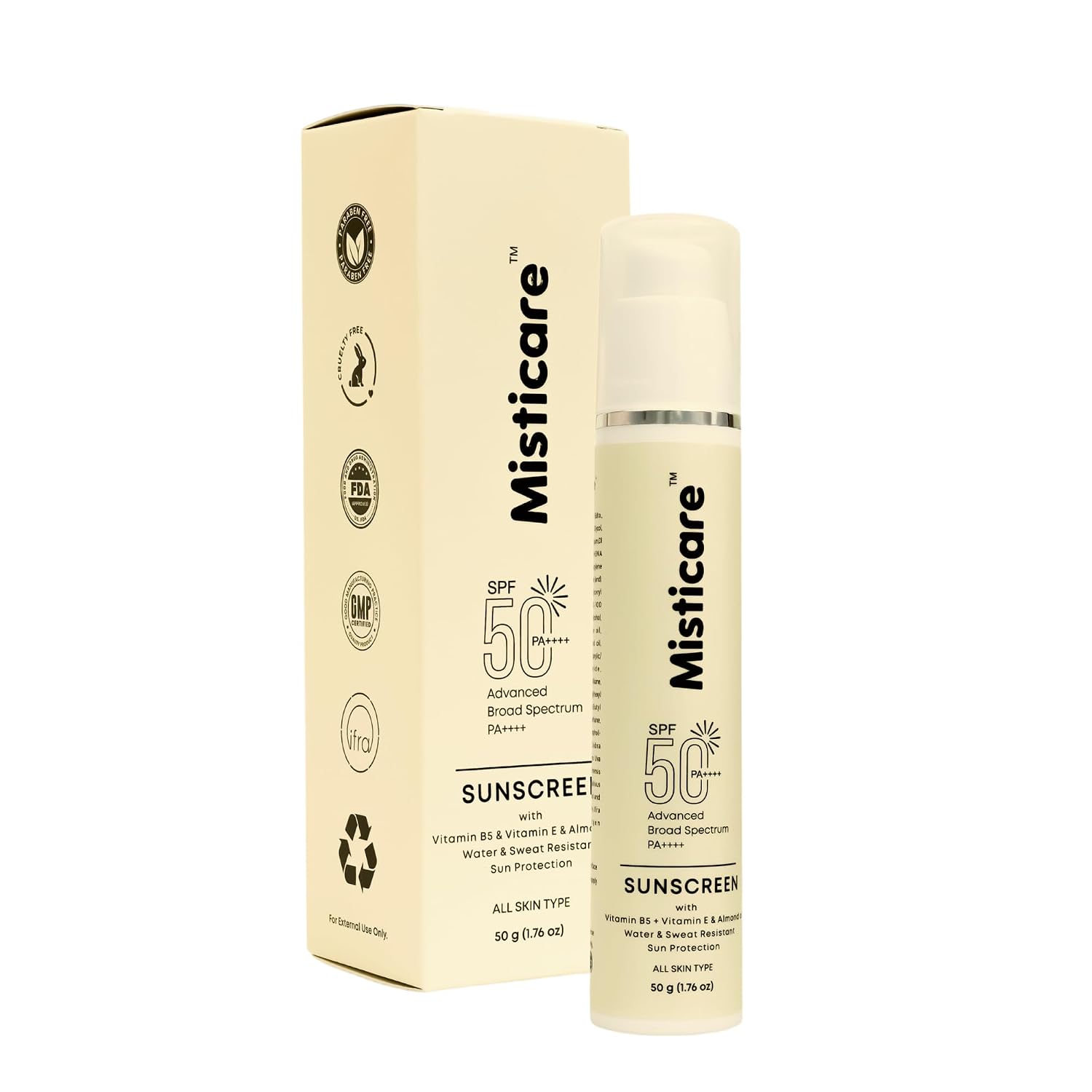 Misticare Sunscreen SPF 50 PA++++ with Vitamin B5, Vitamin E & Almond Oil | No White Cast | Advanced Broad Spectrum Sun Pr...