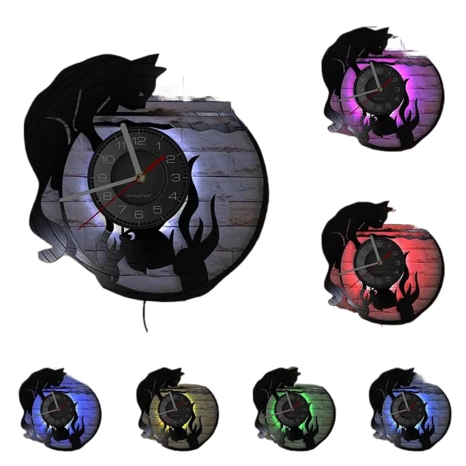 LUYSGBXR Cat Clock Adorable Cat And Fishbowl Funny Wall Art Clock On Vinyl Record Kitten Decorative(Silver)