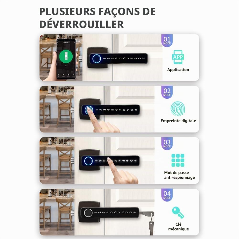 Serrure Connectée Poignée Empreinte Intelligente, Serrure de Porte électronique Poignée de Porte a Code avec Lecteur Empreinte Digitale, pour Maison Appartement Bureau