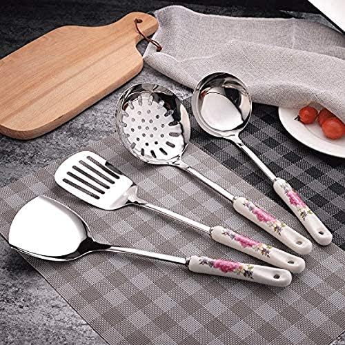 7pcs Ceramic Handles Cooking Tool Set Stainless Steel Kitchen Utensils Set of Cookers Stir-Fry Shovels Spoons Strainer Spatula ladle，One Color-L