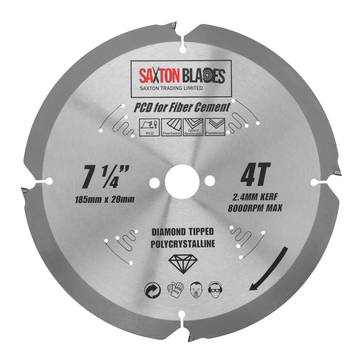 Saxton PCD Circular Saw Blade, 185mm x 4 Teeth x 20mm Bore (16mm ring), Polycrystalline Diamond Tipped Fibre Cement Board