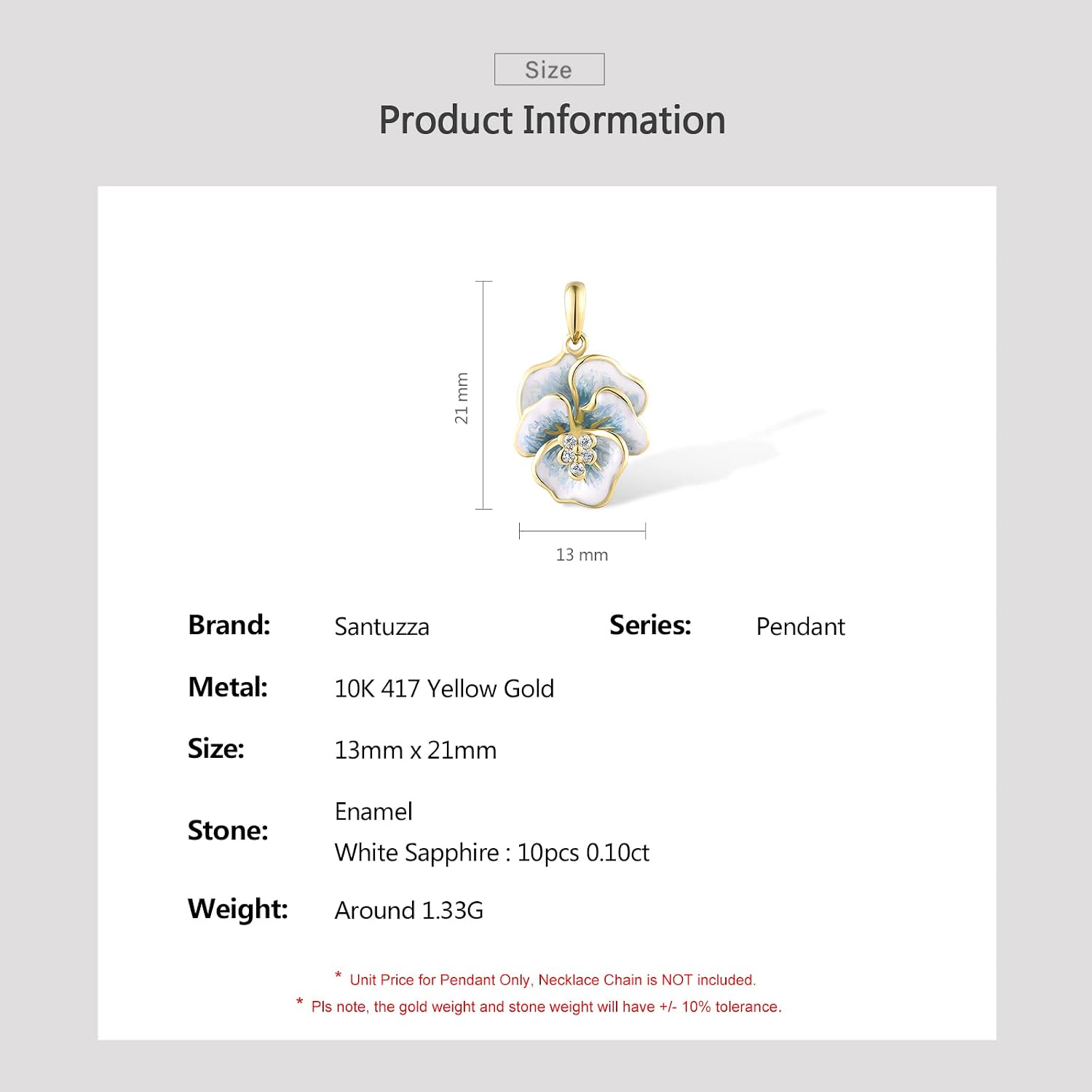 Santuzza 10K Solid Gold Enamel Flower Pendant Without Chain for Women