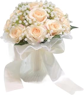 Bridal Bridesmaid Wedding Bouquet Silk Artificial Red Roses Flowers Bride Holding Accessories(Color-E)