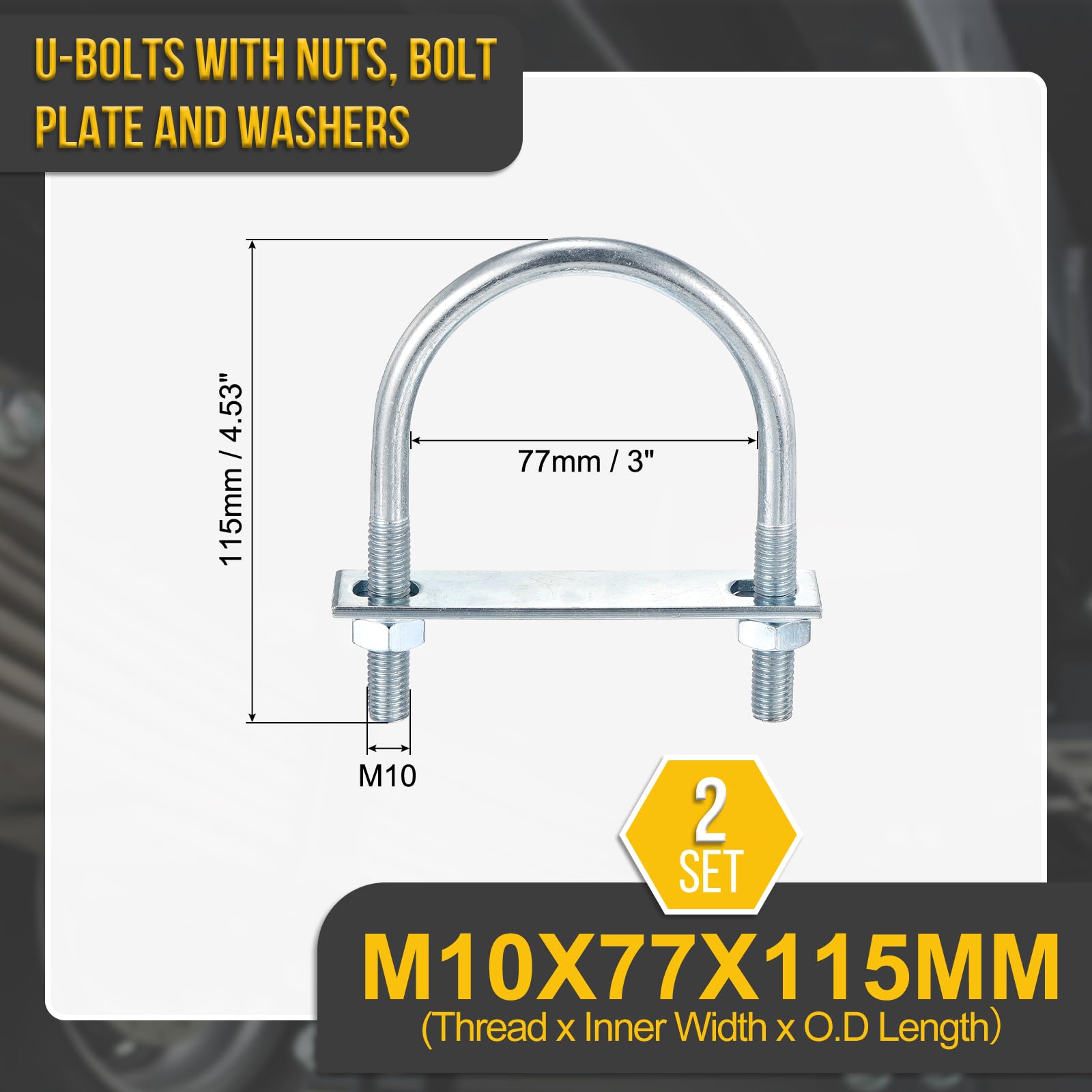 DTGN M10x77x115mm U Bolts Round Kit, 2Set, Carbon Steel U-Bolt Kit with Nuts, Washers, Frame Plate, Good for Pipe Trailer - Image 2