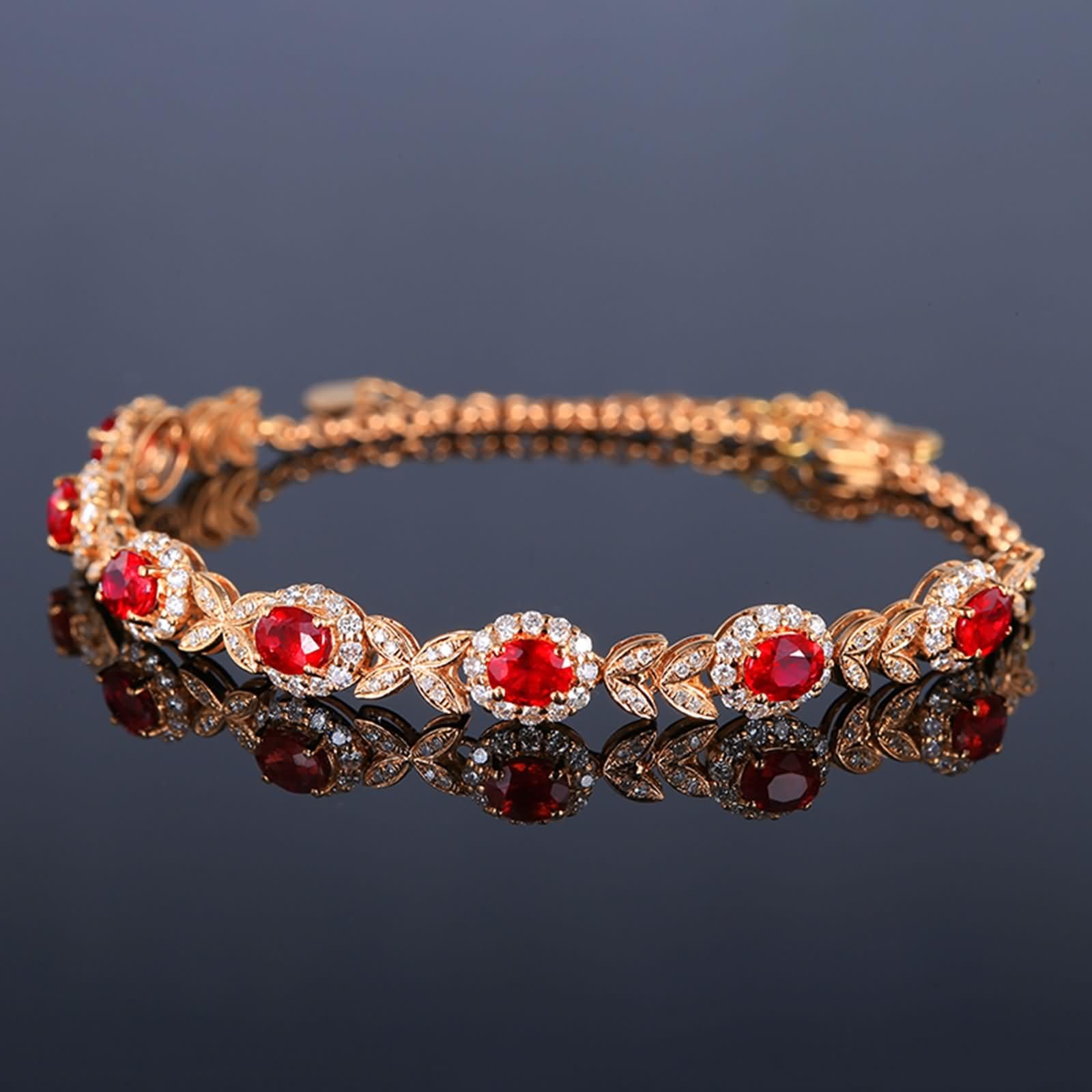 Pulseras de Mujer Oro Rosa 9 Kilates / 14 Kilates / 18 Kilates, Oval con Rubí Creado de 2.6ct y Moissanita, Cadena Extensible 16 CM + 5 CM, Pulseras de Mujer Ajustable de Oro Rosa