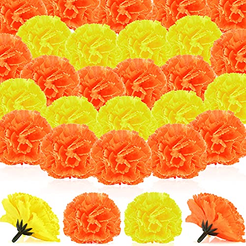 Syhood 50 Pcs Marigold Flower Heads Bulk Mexican Party Decorations Fiesta Supplies Day of The Dead Artificial Flowers with Stems DIY Marigold Garland(Orange, Yellow,2.4 Inch)