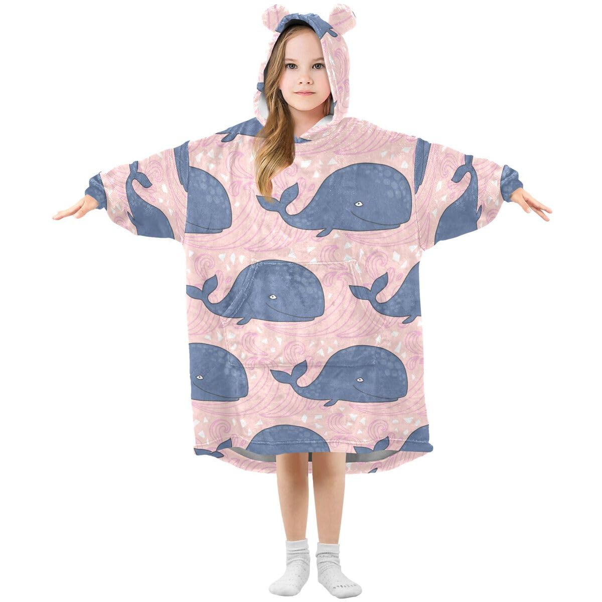 Wieloryby niebieski dziecięcy koc do noszenia bluza z kapturem oversize bluza koc sweter ocean dla chłopców i dziewcząt w wieku 3-14 lat