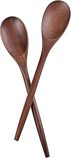 2PSC Wooden Cooking Spoons, 14 Inch Wooden Spoon for Cooking Mixing Salad or Soup Stirring, Black Walnut Nonstick Cookware Wood Cooking Spoons for Serving with Long Handle Smooth Finish