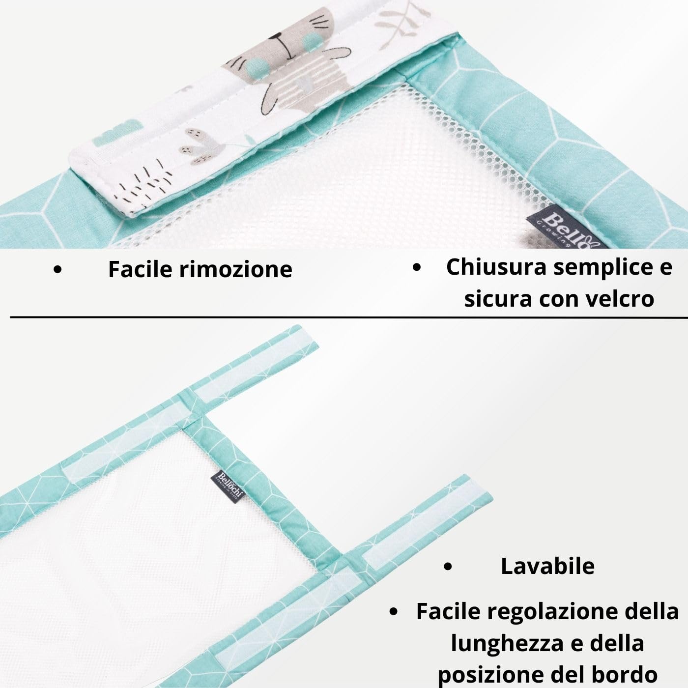 Bellochi Paracolpi Lettino 360 cm - Paracolpi Culla Universale in Morbido - Paracolpi per Letto Reversibile per Materasso 120x60 cm Animals Mint