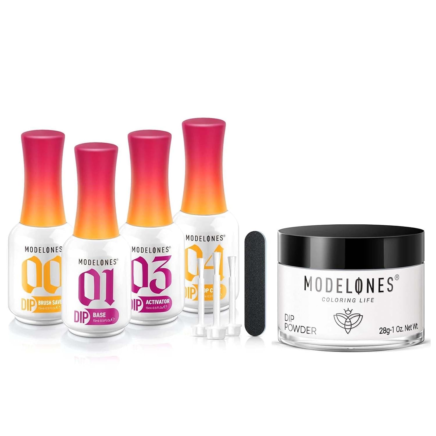 Modelones 4+4 Pcs Dip Powder Liquid Set, Dipping Powder System Set with Base Coat/Top Coat/Activator/Brush Saver/Manicure Tools for Nail Art DIY Salon