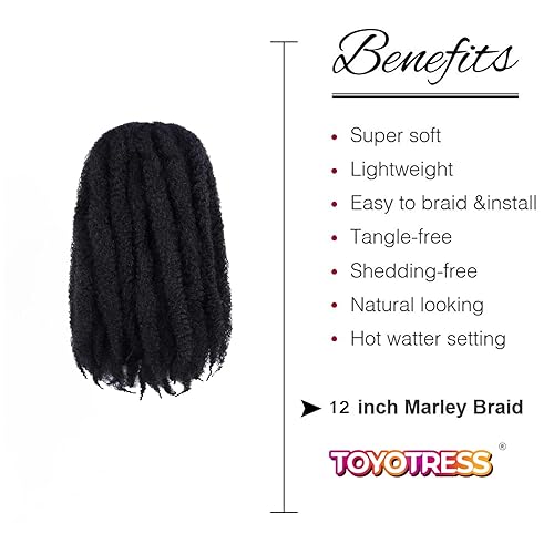 Miniatura 2 de ToyoTress Marley Hair - Trenzas de ganchillo  12 pulgadas, 6 paquetes 1B negro natural, afro rizado Marley Twist extensiones de cabello sintético
