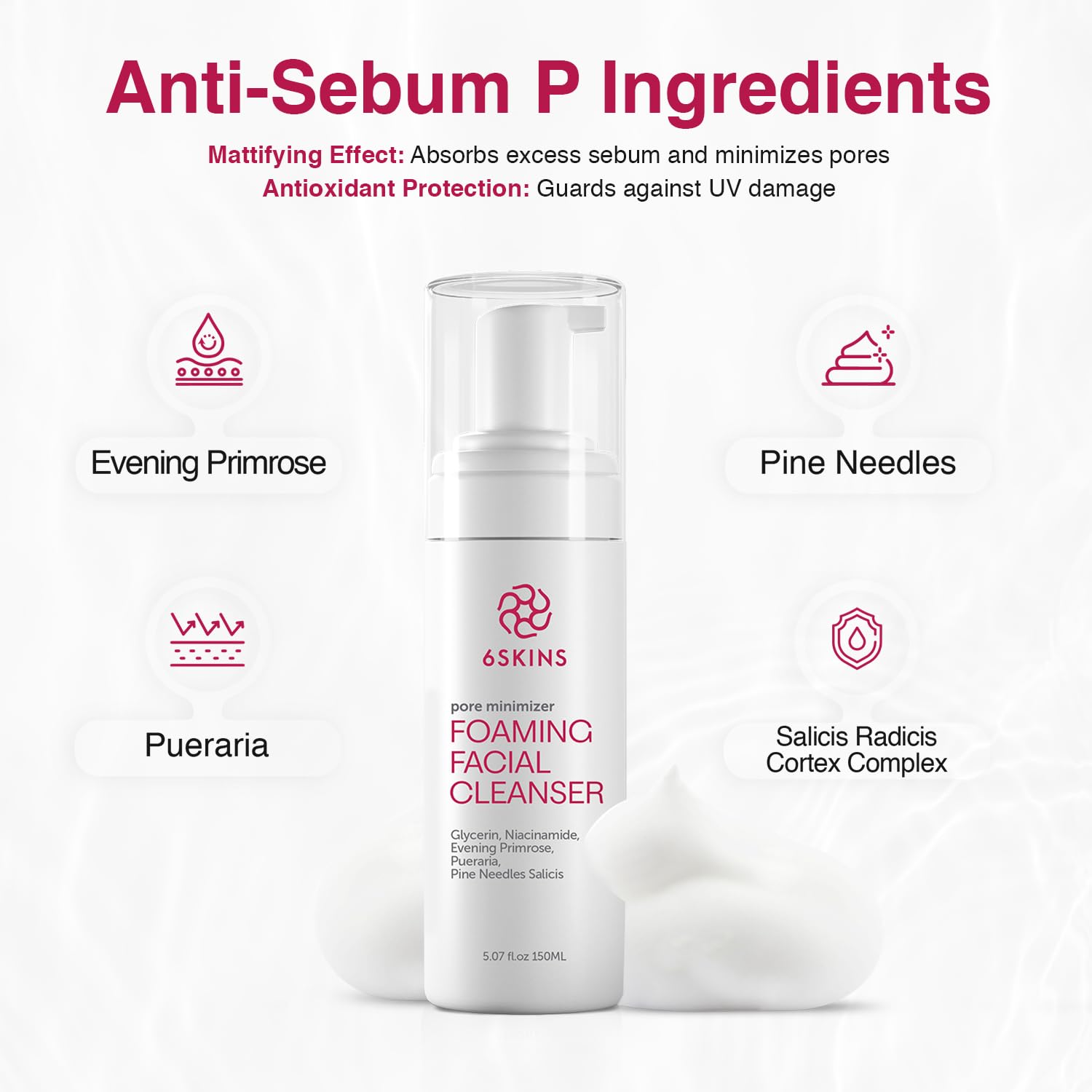 Limpiador facial espumoso minimizador de poros | Lavado facial hidratante suave con niacinamida, Evening Pimrose 150 ml