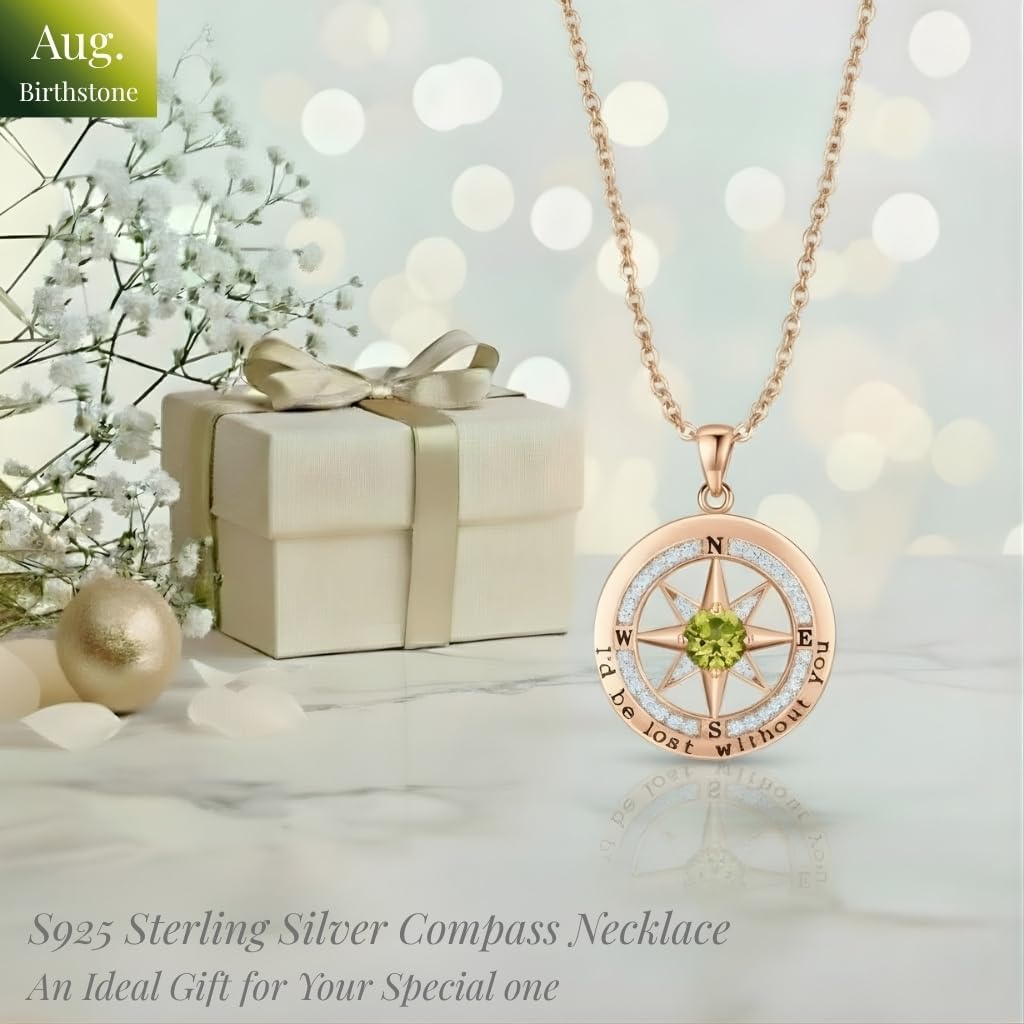 Compass Necklace for Women Wife Girlfriend Mom Daughter Gifts S925 Sterling Silver Jewelry For Anniversary Rose Gold Gifts For Birthday Christmas Mothers Valentines Day 12 Birthstones