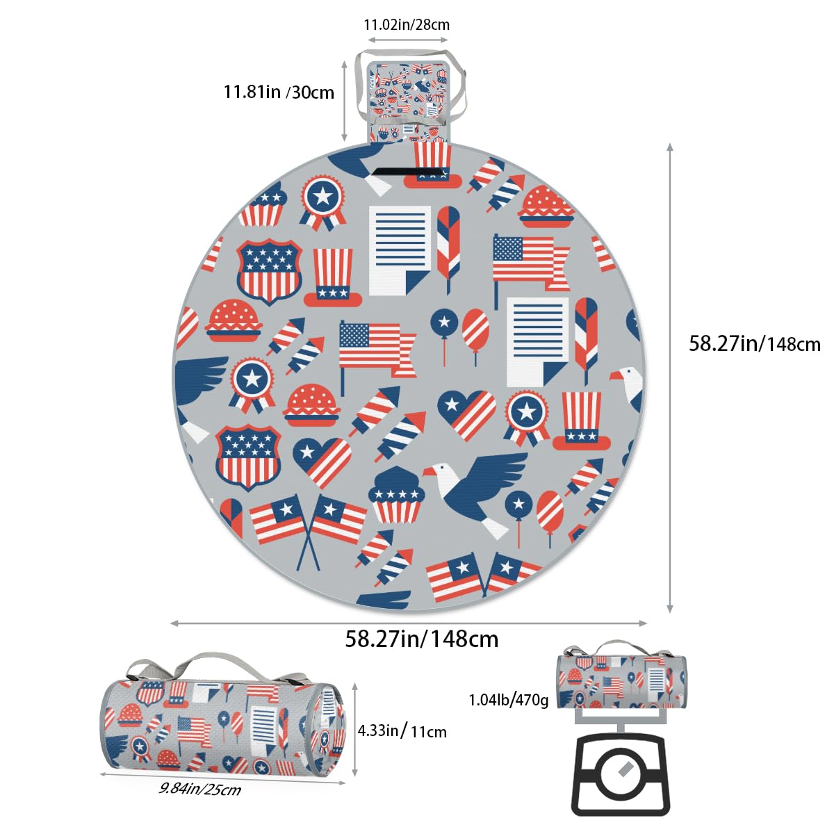 Shimoshe Abstract American Flag Picnic Outdoor Blanket Foldable Waterproof Sandproof Beach Blanket Portable Water-Resistant Round Picnic Mat for Travel Camping Park Lawn