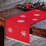 Aparty4u Embroidered Christmas Table Runners with White Snowflake, Red Table Runner Table Linens for Christmas Table Decorations 16x72 Inch